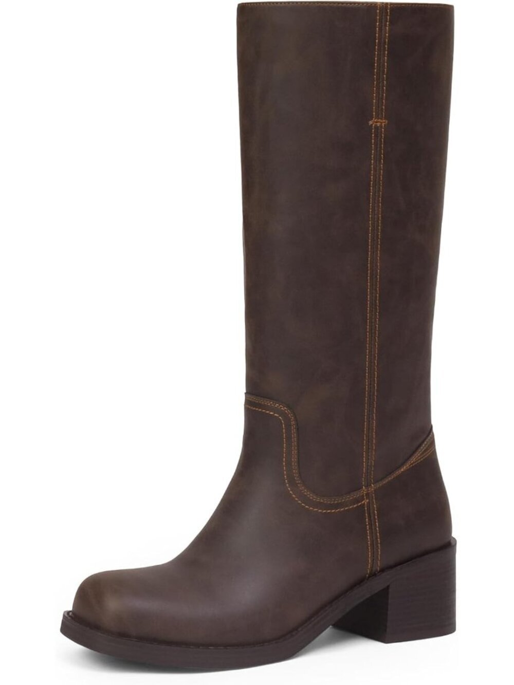 Women's Matte Dark Brown Mid Calf Block Low Heel Square Toe Comfortable Boots